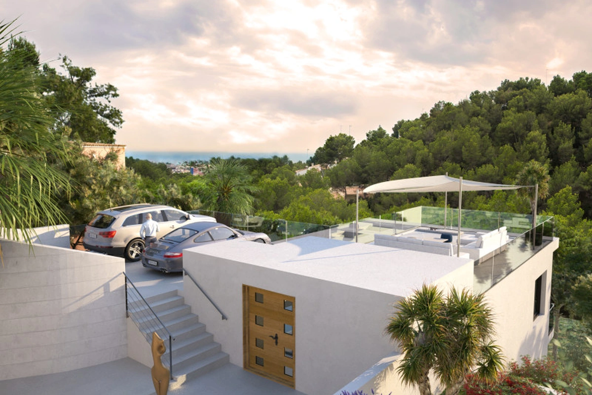 Architekt Mallorca Costa den Blanes Neubau exterior Terrasse mit Parkplatz, Costa den Blanes Neubau